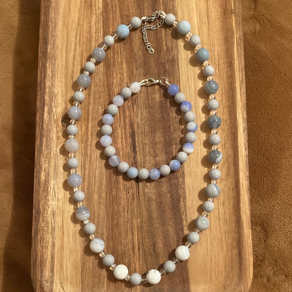 Handmade Necklace and Bracelet Set w/ Blue Lace Agate and Glass Beads